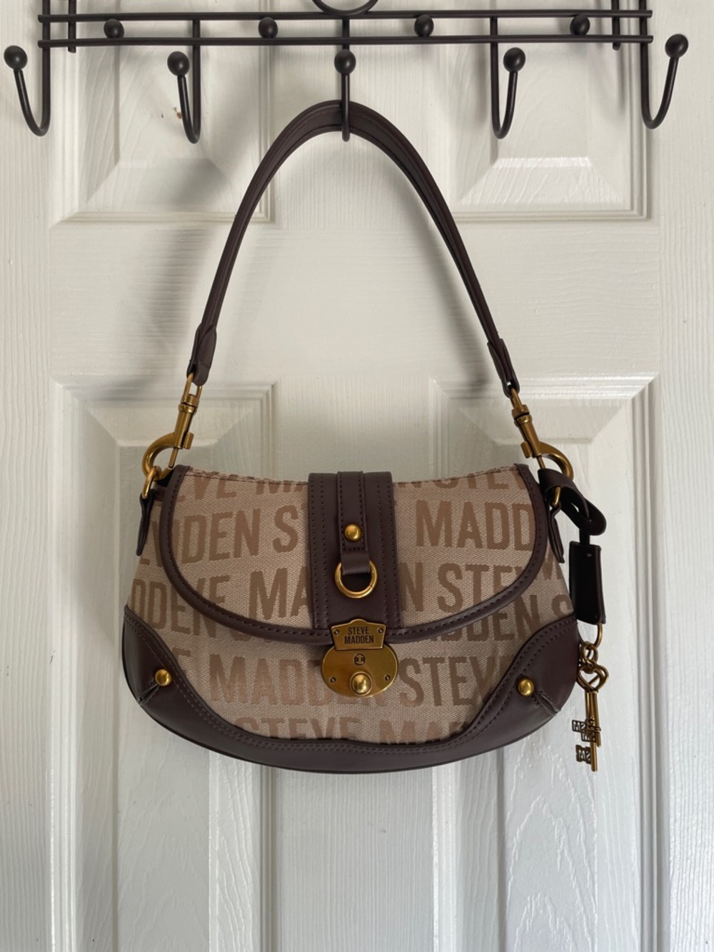 Steve Madden Brown Boho Y2K Logo Canvas Shoulder Bag with Gold Hardware
